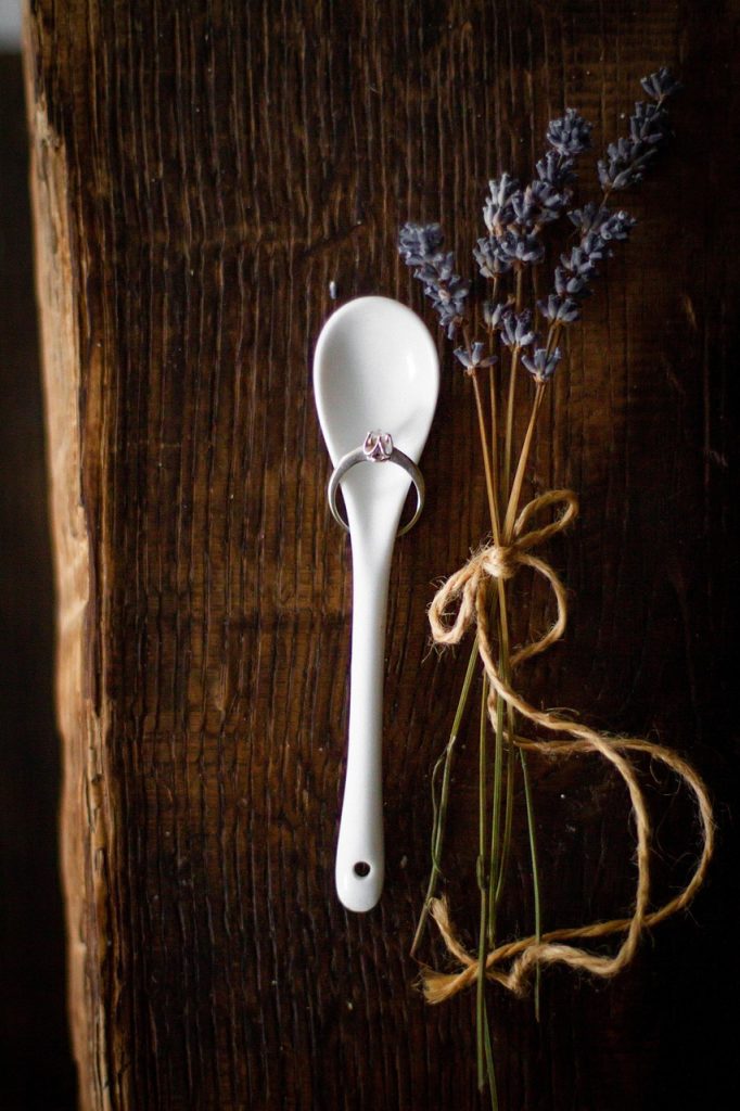 marriage proposal, engagement ring, rustic aesthetic, lavender sprigs, still life, engagement, top view